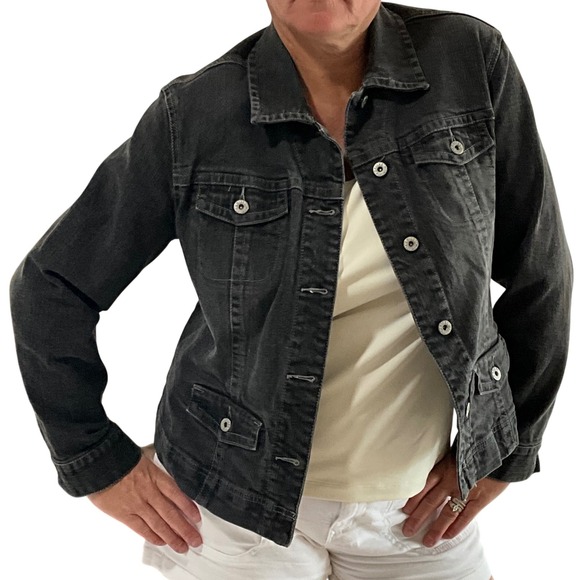 Chicos Platinum Denim Jacket Black Button Front Womens Size 2 Med 12 Classic - Picture 1 of 6